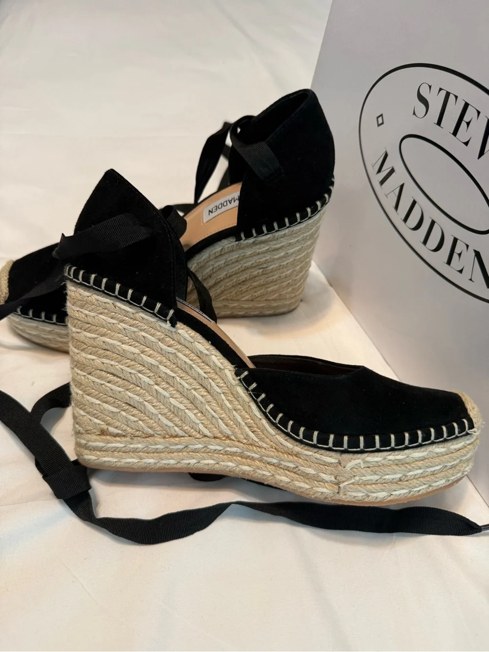 Steve Madden Black Suede Espadrille Wedge Sandals with Ankle Tie